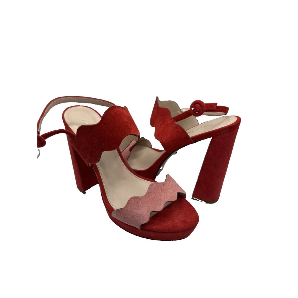 Pelle Moda Frivola Red Pink Suede Scalloped Platform Sandals Block Heel Sz 10